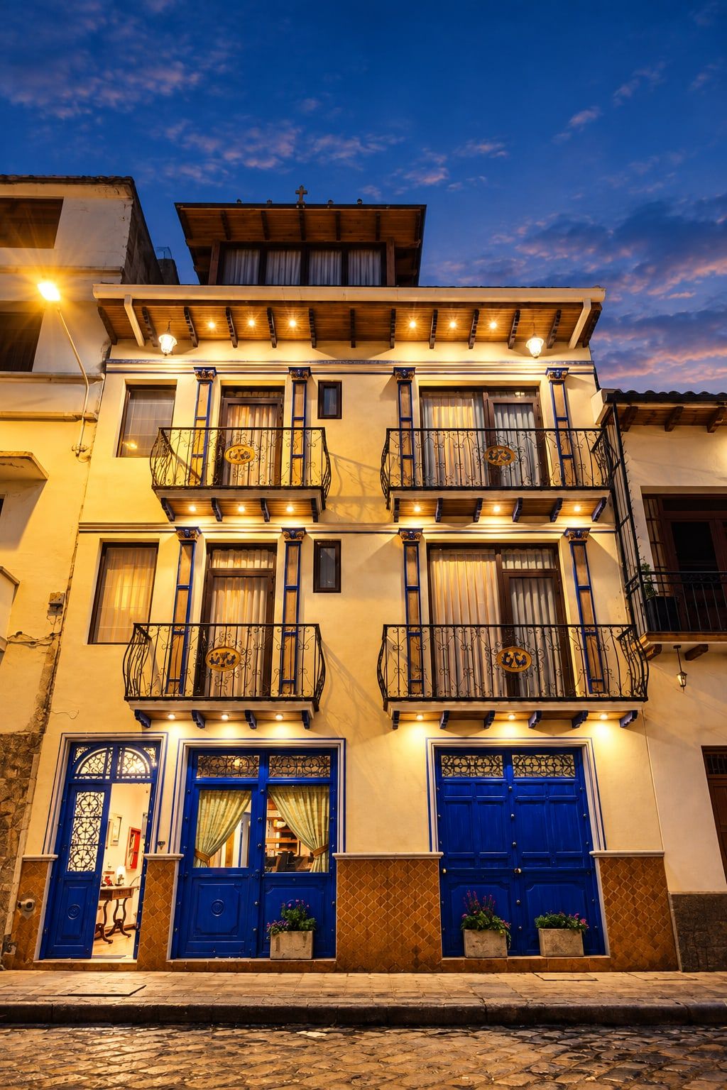 Fachada del Hotel Azul de la Plaza al anochecer, con balcones de hierro y puertas azules